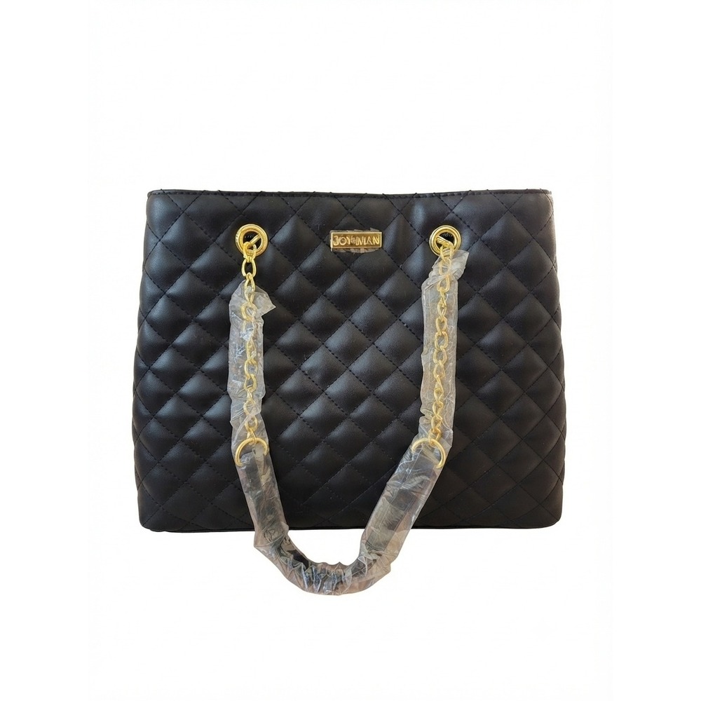 Joy & Iman Black Quilted Leather‎ Tote Bag Gold Tone Chain Strap Shoulder Bag